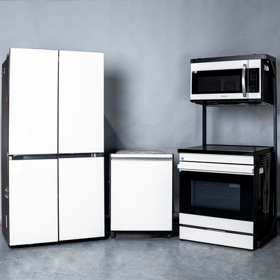 SAMSUNG SET OPEN BOX (N13) FRIDGE 4 DOOR WITH BEVERAGE CENTER + STOVE + MICROWAVE + DISHWASHER (WHITE GLASS)