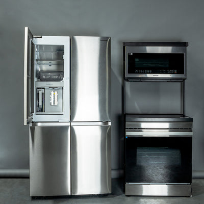 SAMSUNG SET OPEN BOX (N05) FRIDGE WITH BEVERAGE CENTER + STOVE + MICROWAVE (STAINLESS STEEL)