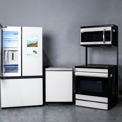 SAMSUNG SET OPEN BOX (N15) FRIDGE 3 DOOR WITH FAMILY HUB + STOVE + MICROWAVE + DISHWASHER (WHITE GLASS)