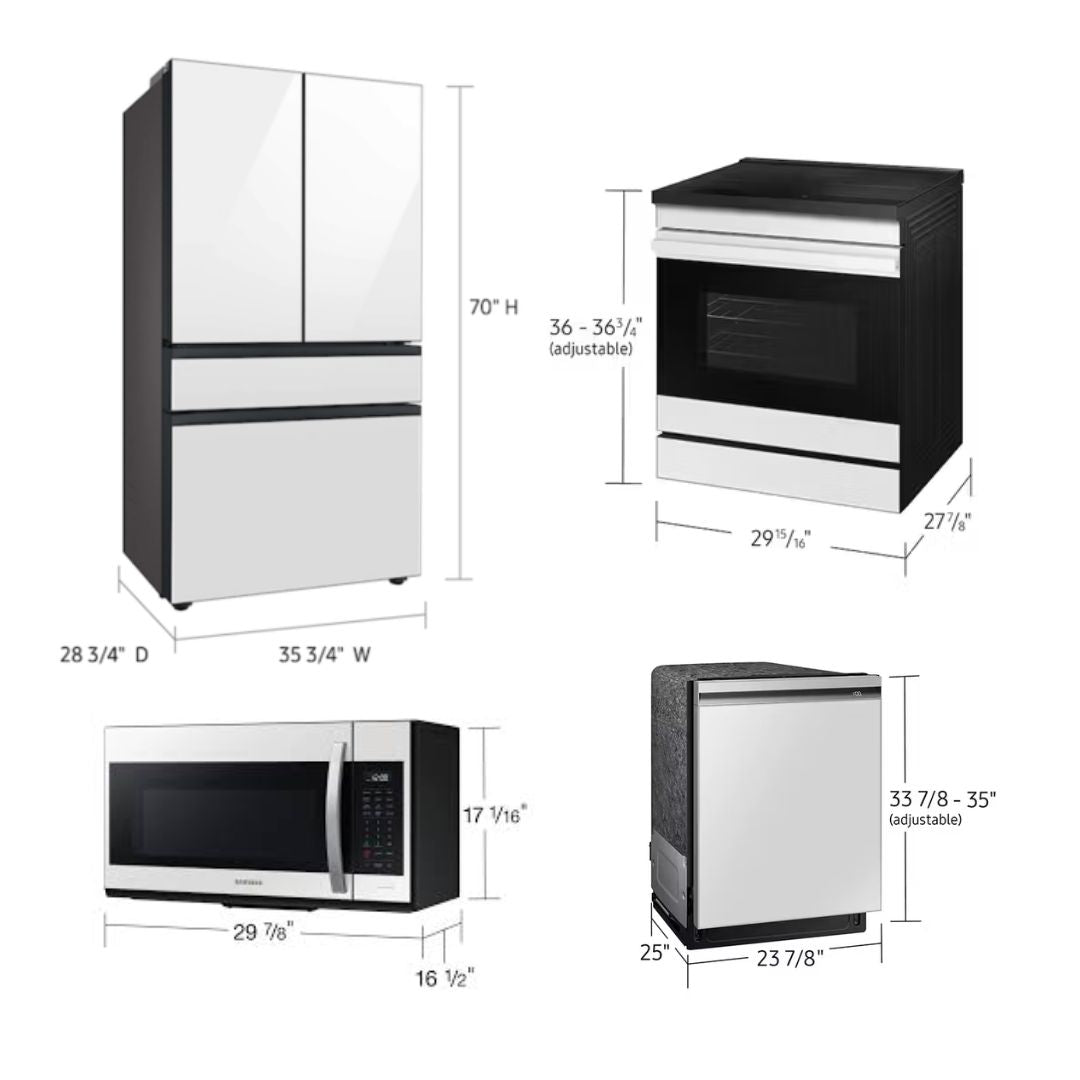 SAMSUNG SET OPEN BOX (N16) FRIDGE 4 DOOR WITH BEVERAGE CENTER + STOVE + MICROWAVE + DISHWASHER (WHITE GLASS)